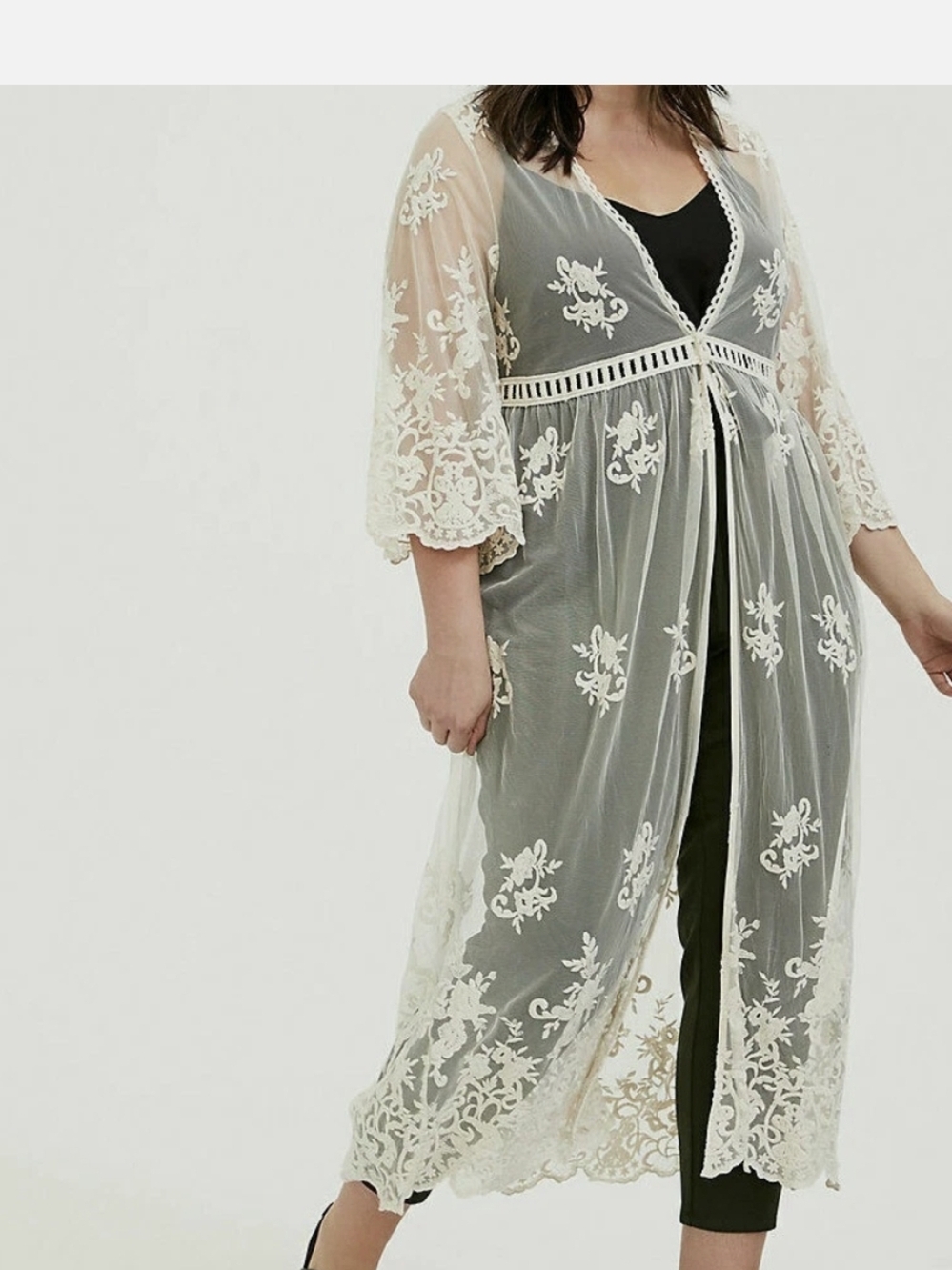 Torrid Embroidered Lace Mesh Duster Kimono Ivory Size 00 M L